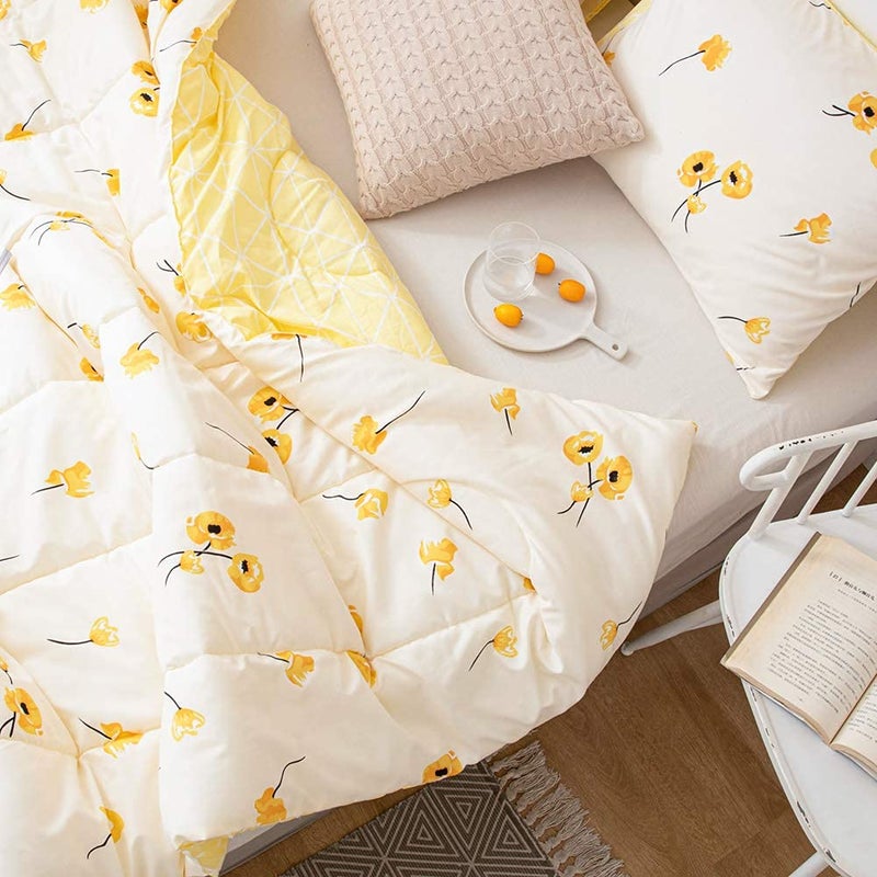 Bedorm Yellow Bedding Comforter Set Floral Plaid Reversible Comforter Queen Size Bed Set Flowers Pattern Cute Botanical Bed Comforter Set(Queen, Yellow) - Image 5